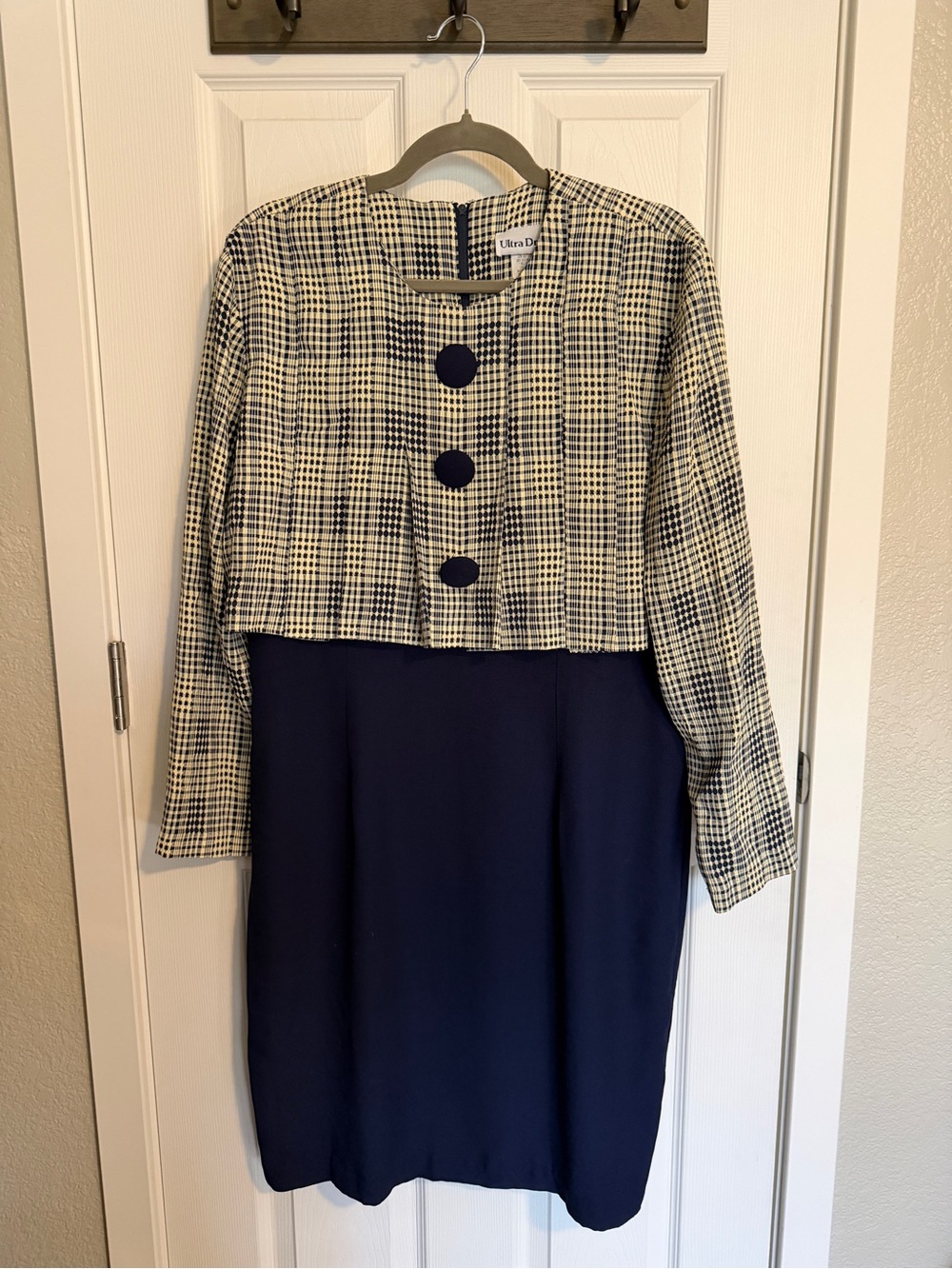 Ultra Dress Size 14 Navy Plaid Overlay Dress Modest Career Church Vintage Style - Picture 2 of 8